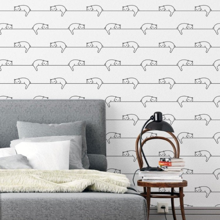 Papel de Parede Adesivo Listrado Gatinhos N019013
