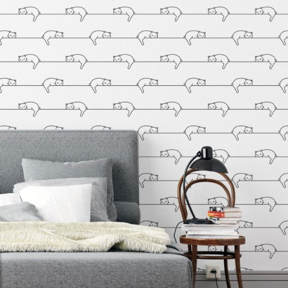 Papel de Parede Adesivo Listrado Gatinhos N019013