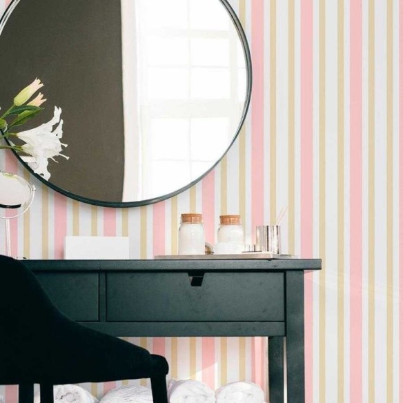 Papel de Parede Adesivo Listrado Rosa Bege e Branco N06247