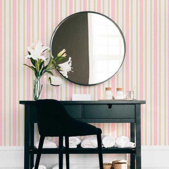Papel de Parede Adesivo Listrado Rosa Bege e Branco N06247