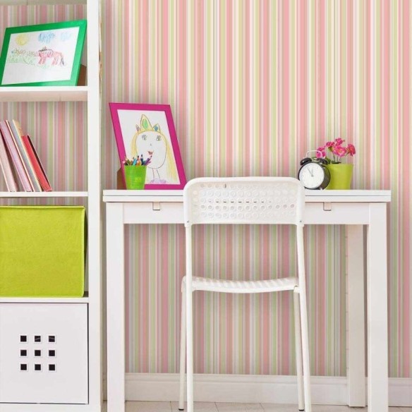 Papel de Parede Adesivo Listrado Rosa e Verde 1201
