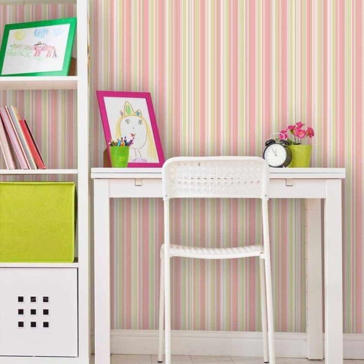 Papel de Parede Adesivo Listrado Rosa e Verde 1201