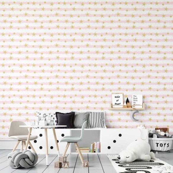 Papel de Parede Adesivo Listras Abstratas Rosa e Estrelas Glitter Dourado N07085