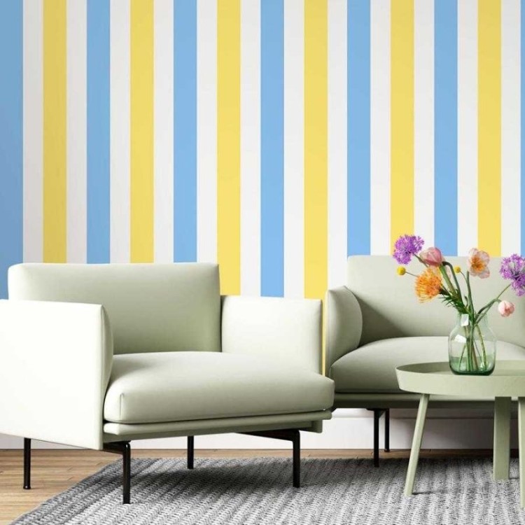 Papel de Parede Adesivo Listras Azul e Amarelo...