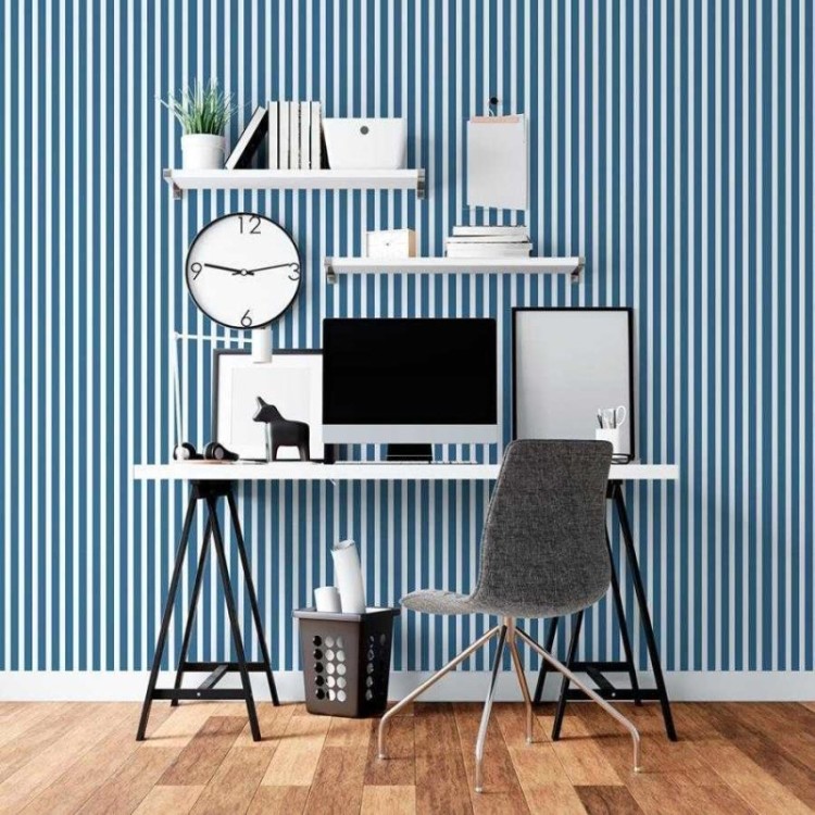 Papel de Parede Adesivo Listras Azul e Branco...