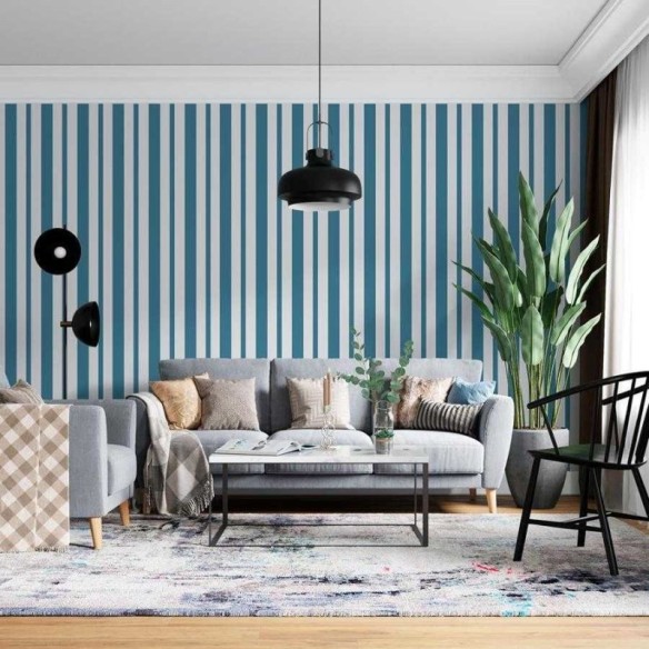 Papel de Parede Adesivo Listras Azul Forte e Branco N06269