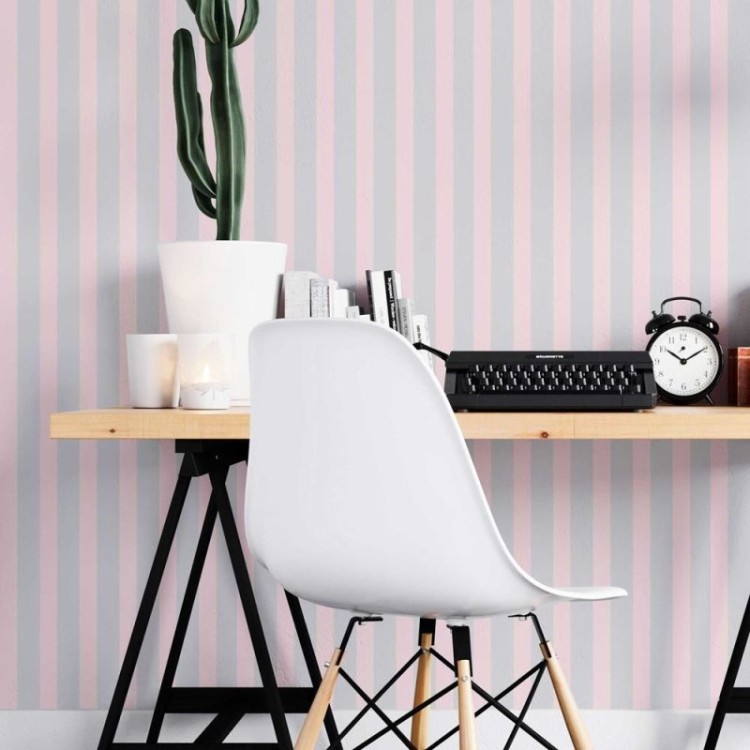 Papel de Parede Adesivo Listras cinza e rosa...