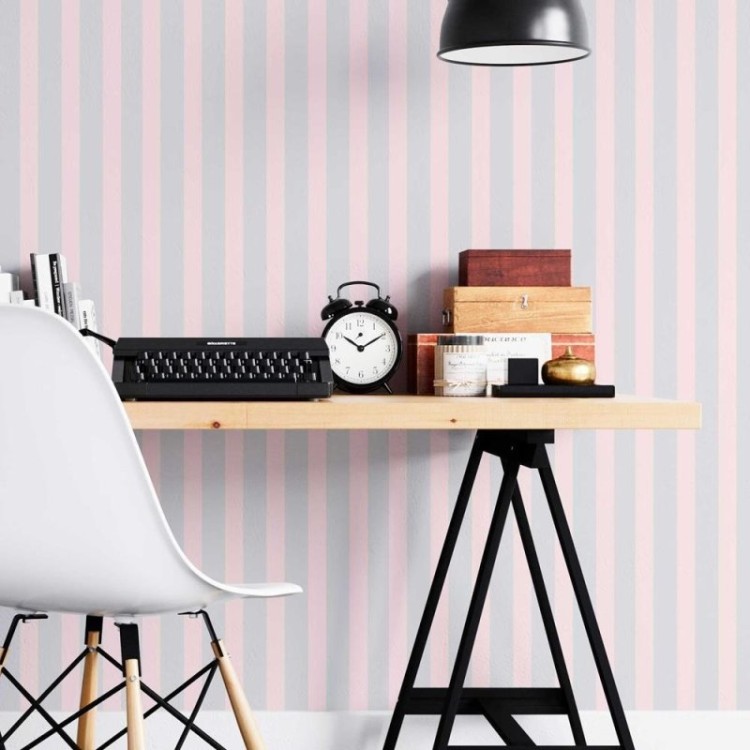 Papel de Parede Adesivo Listras cinza e rosa...