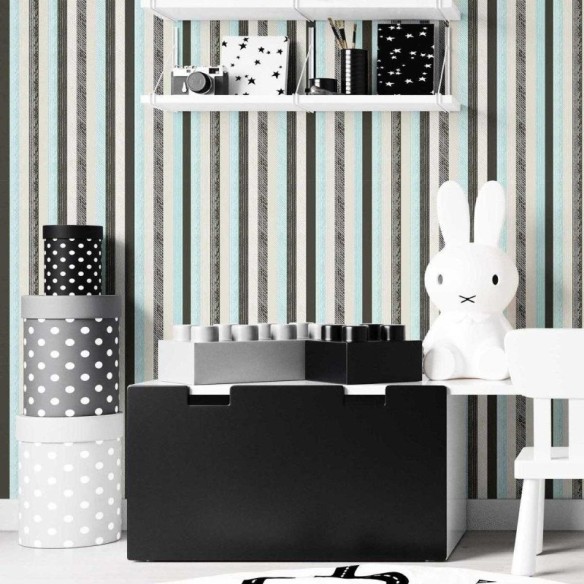 Papel de Parede Adesivo Listras com Rabiscos Azul e Bege N07066