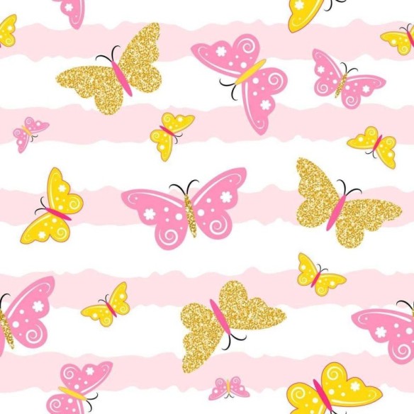 Papel de Parede Adesivo Listras e Borboletas Rosa N07038