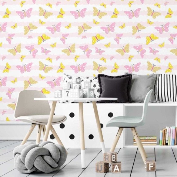 Papel de Parede Adesivo Listras e Borboletas Rosa N07038