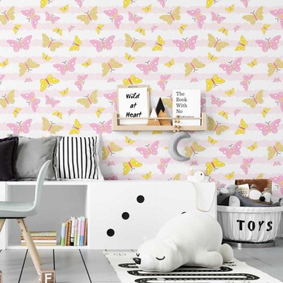 Papel de Parede Adesivo Listras e Borboletas Rosa N07038