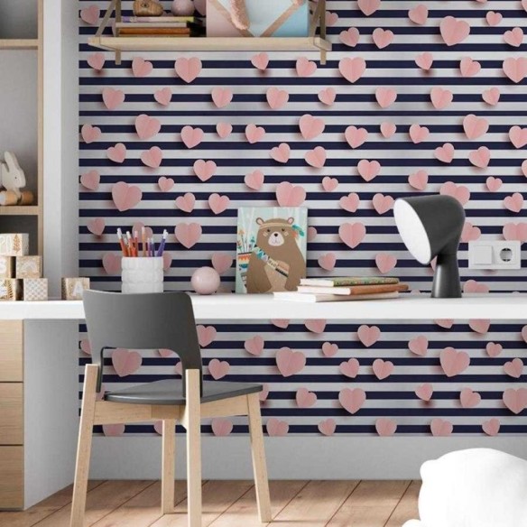 Papel de Parede Adesivo Listras e Corações 3D N06246