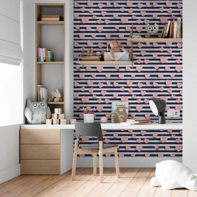 Papel de Parede Adesivo Listras e Corações 3D...