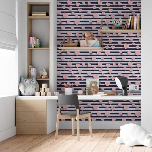 Papel de Parede Adesivo Listras e Corações 3D N06246