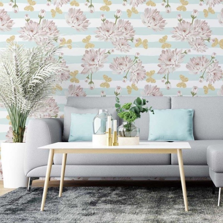 Papel de Parede Adesivo Listras e Flores N04299