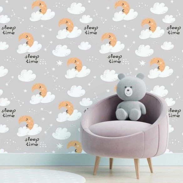Papel de Parede Adesivo Lua Nuvens e Estrelas Cinza N05049