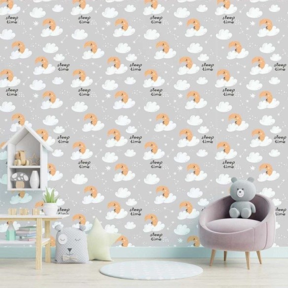Papel de Parede Adesivo Lua Nuvens e Estrelas Cinza N05049