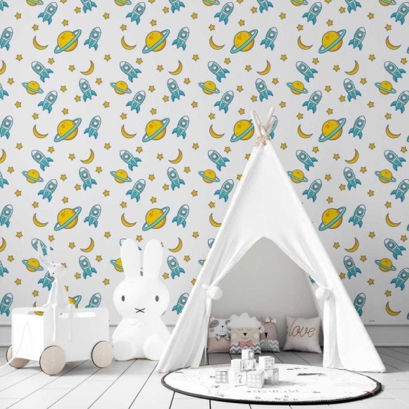 Papel de Parede Adesivo Lua, estrela, foguete N03127