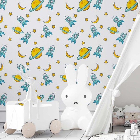 Papel de Parede Adesivo Lua, estrela, foguete N03127