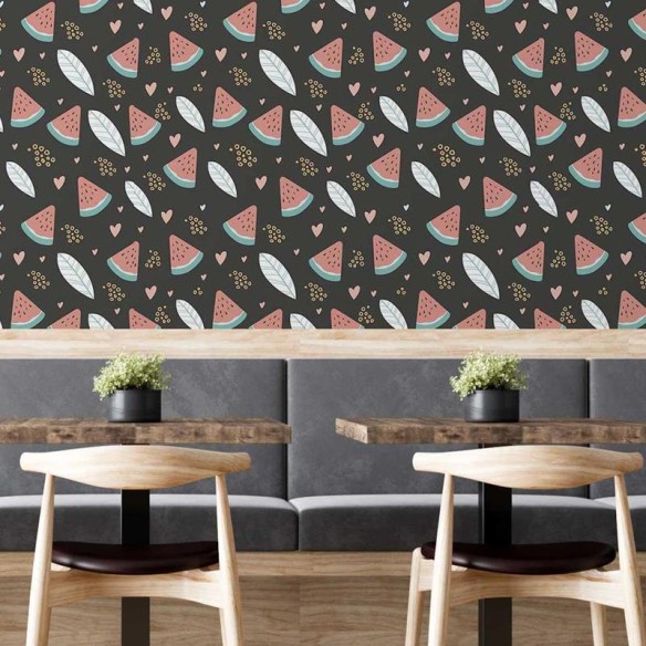 Papel de Parede Adesivo Melancia Folhas e Corações N05297