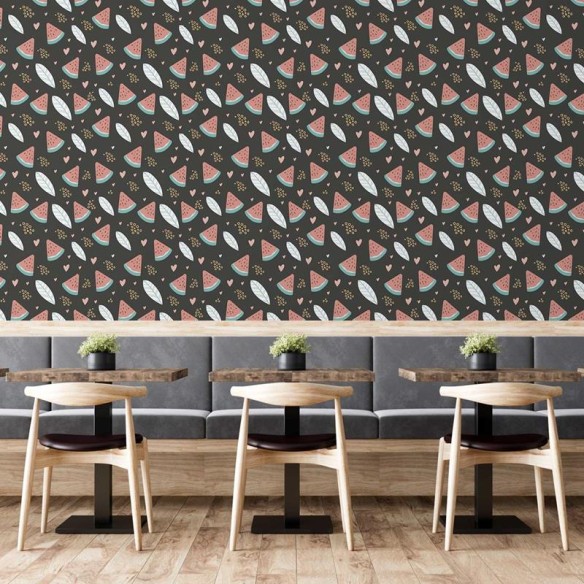 Papel de Parede Adesivo Melancia Folhas e Corações N05297