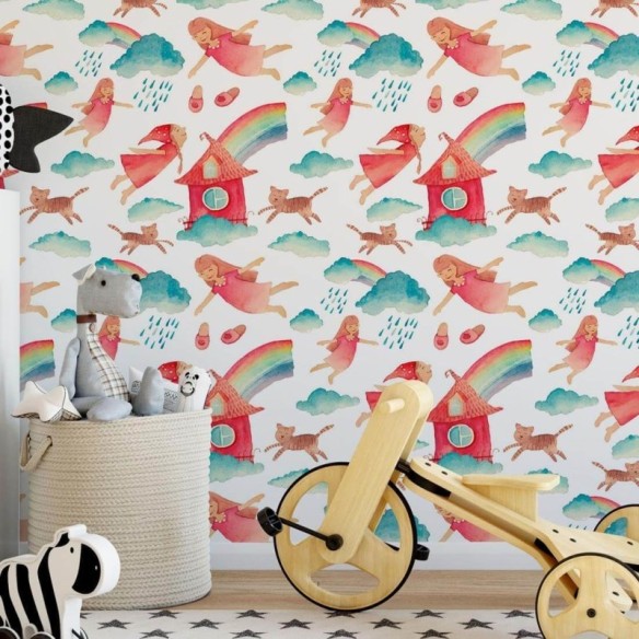Papel de Parede Adesivo Menina Arco-iris Gato 253992598