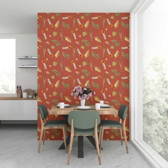Papel de Parede Adesivo Natureza Cogumelos e Folhas Vermelho N07029