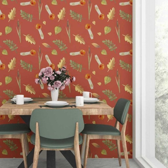Papel de Parede Adesivo Natureza Cogumelos e Folhas Vermelho N07029