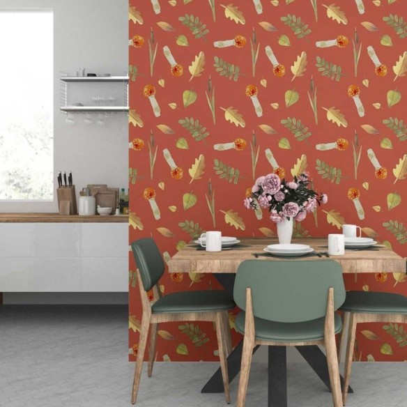 Papel de Parede Adesivo Natureza Cogumelos e Folhas Vermelho N07029