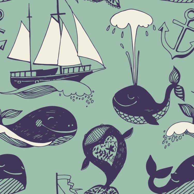 Papel de Parede Adesivo Náutico Baleias e...