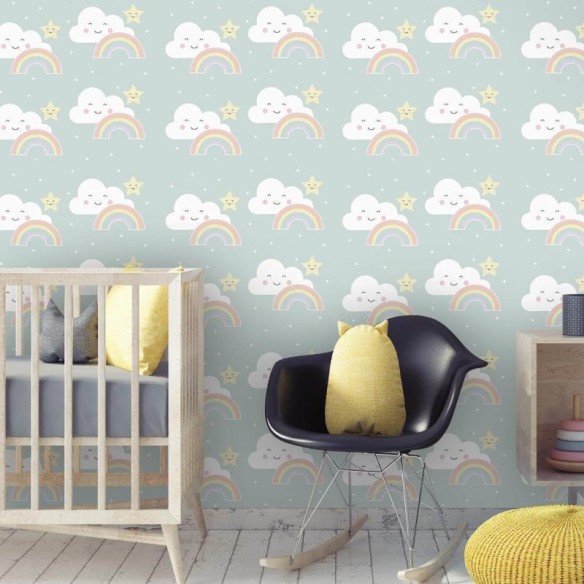 Papel de Parede Adesivo Nuvem Estrela Arco Íris Baby Céu 654321