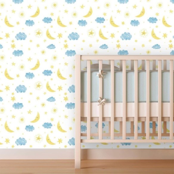 Papel de Parede Adesivo Nuvens e Estrelas 589039781