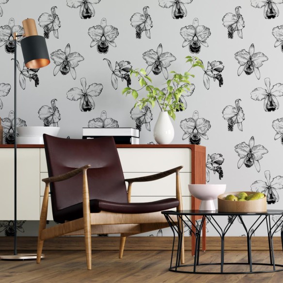 Papel de Parede Adesivo Orquídea Preto e Branco N04107