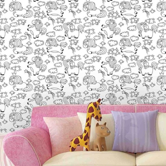 Papel De Parede Adesivo Para Colorir Unicórnio Kids 3000