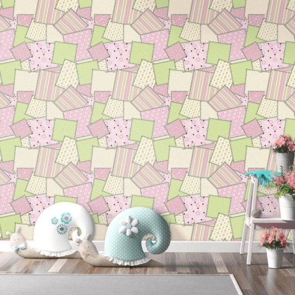 Papel de Parede Adesivo Patchwork Rosa Verde Fofo 44006782