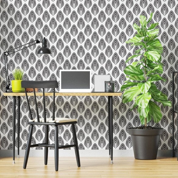 Papel de Parede Adesivo Pena Pavão Preto e Branco N04236