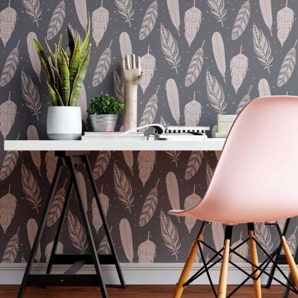 Papel de Parede Adesivo Penas Boho Cinza N08121