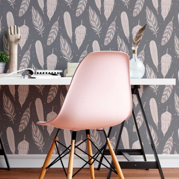 Papel de Parede Adesivo Penas Boho Cinza N08121