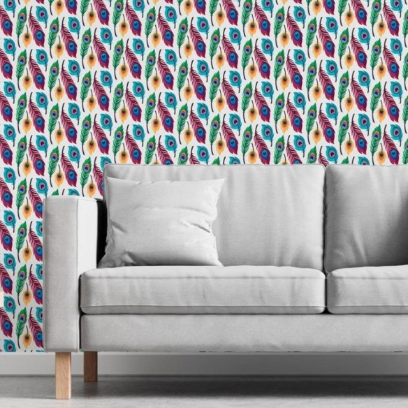 Papel de Parede Adesivo Penas de Pavão Coloridas N06135