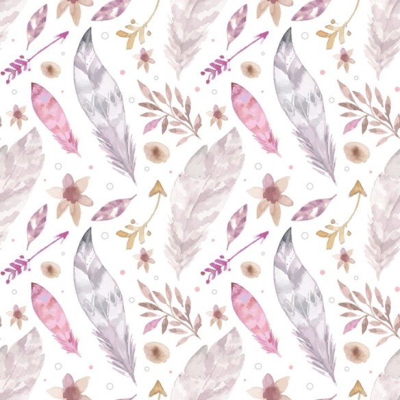 Papel de Parede Adesivo Penas e Flores Aquarela Rosa N04239