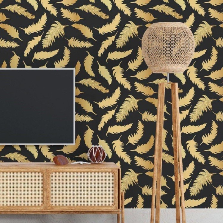 Papel de Parede Adesivo Penas Gold Dark N018093