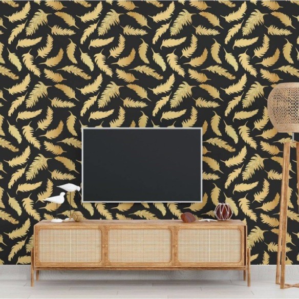 Papel de Parede Adesivo Penas Gold Dark N018093