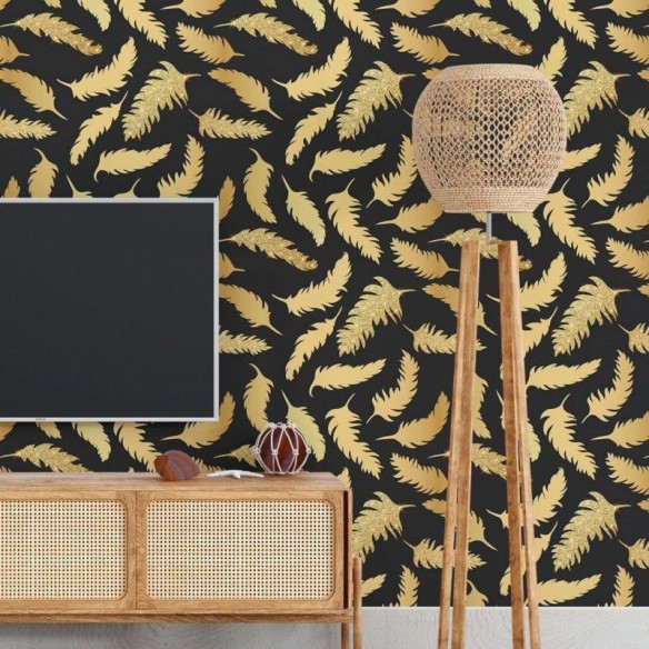Papel de Parede Adesivo Penas Gold Dark N018093