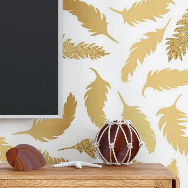 Papel de Parede Adesivo Penas Gold Glow N018094