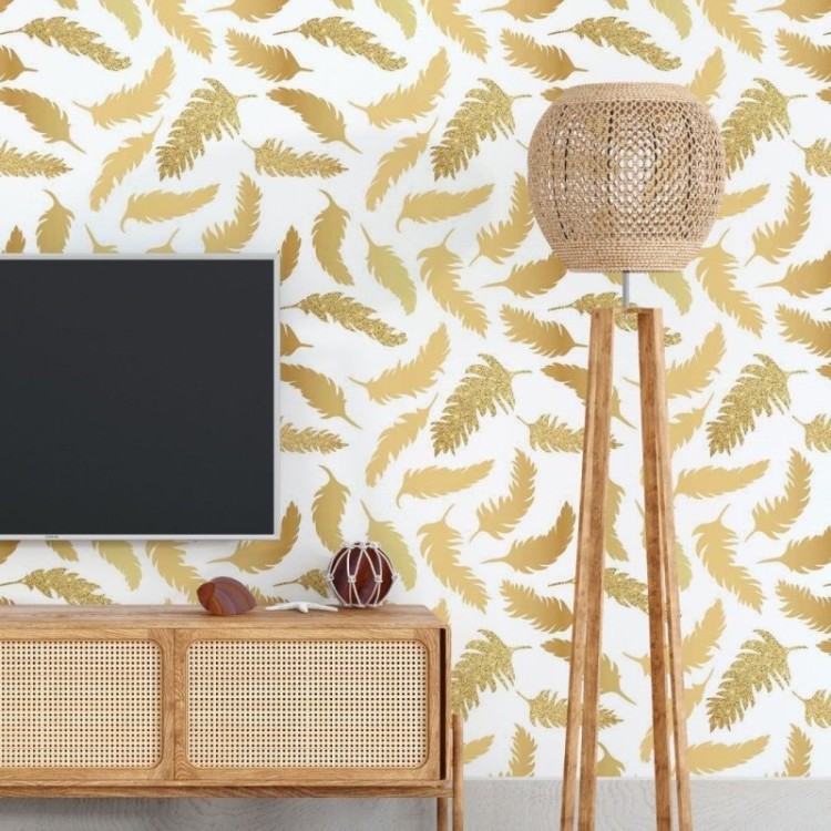 Papel de Parede Adesivo Penas Gold Glow N018094