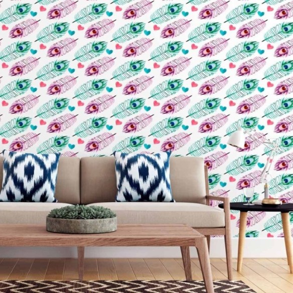 Papel de Parede Adesivo Penas Pavão Aquarela N015080