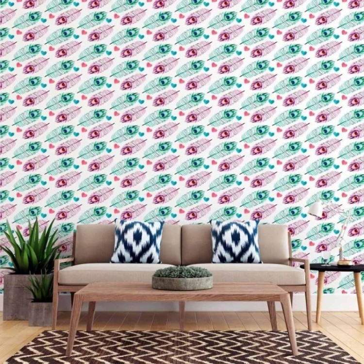 Papel de Parede Adesivo Penas Pavão Aquarela...