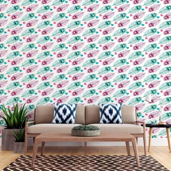 Papel de Parede Adesivo Penas Pavão Aquarela N015080
