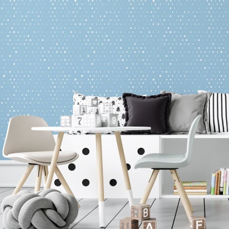 Papel de Parede Adesivo Poá Azul e Branco N04027